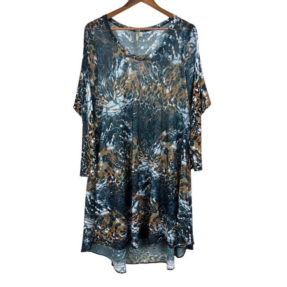 Comfy USA Tunic Top Womens XL Multicolor Mesh Animal Print High Low Long Sleeve